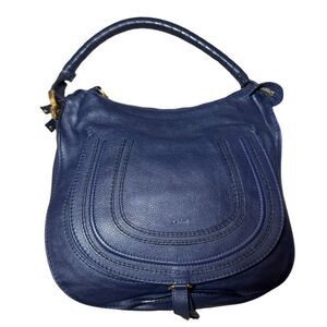 CHLOE Blue Leather Medium Marcie Saddle Top Handle Hobo Shoulder Bag Auth